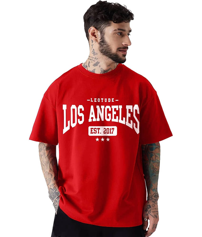 Leotude Men Cotton Blend Oversized Fit Printed T-Shirt ( Red )