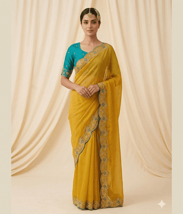 Malti Georgette Embroidered Banarasi saree With Unstitched Blouse Piece ( Olive )