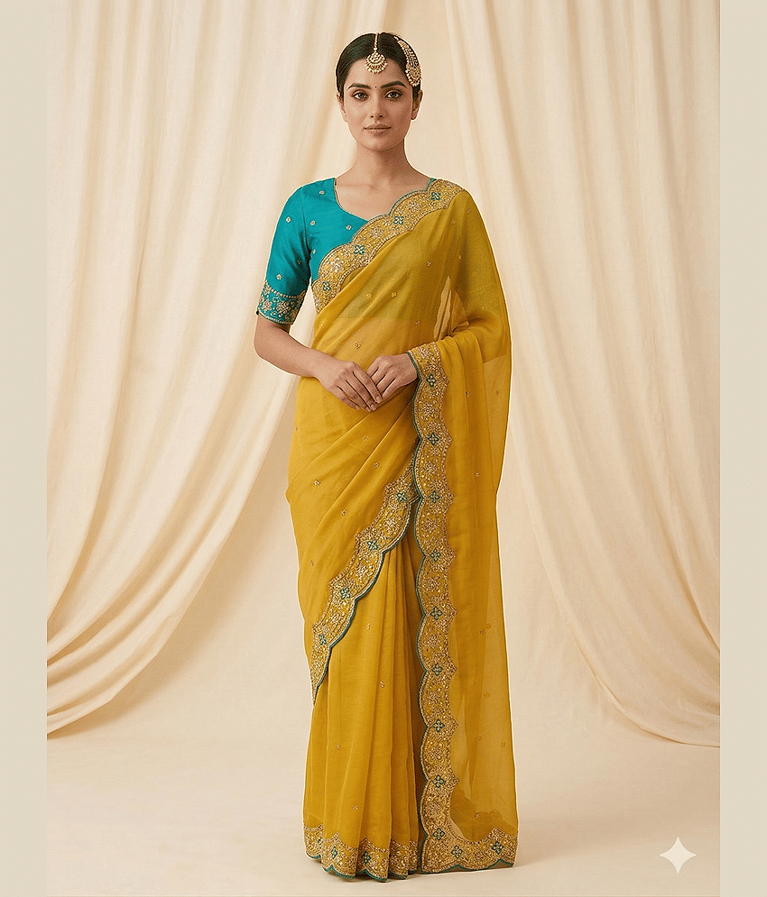Malti Georgette Embroidered Banarasi saree With Unstitched Blouse Piece ( Olive )