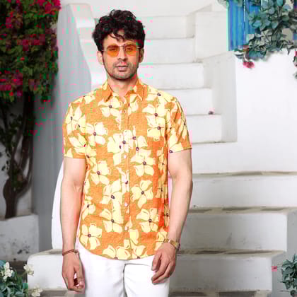 Lilac Tangerine Orange Casual Pure Linen Half Shirt (Size - S) by BLUE EAGLE