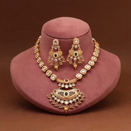 Rani & Green Color Matte Gold Rajwadi Temple Necklace Set (TPLN700RNIGRN)-Adjustable Rope / Green / Alloy With Good Quality Matte Gold Plated
