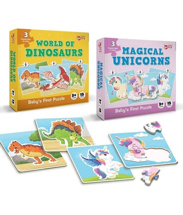 Little Berry Baby’s First Jigsaw Puzzle Set of 2 for Kids: World of Dinosaurs and Magical Unicorns - 15 Puzzle Pieces Each