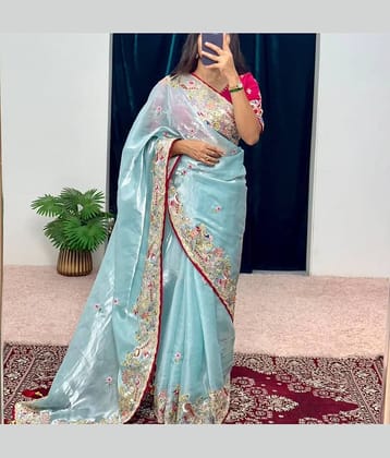 THE PRIVATE LABLE Jimmy Choo Embroidered Regular Saree With Unstitched Blouse Piece ( Blue )