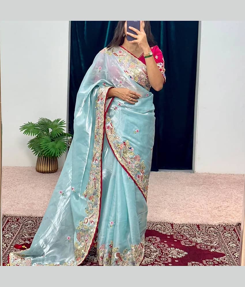 THE PRIVATE LABLE Jimmy Choo Embroidered Regular Saree With Unstitched Blouse Piece ( Blue )