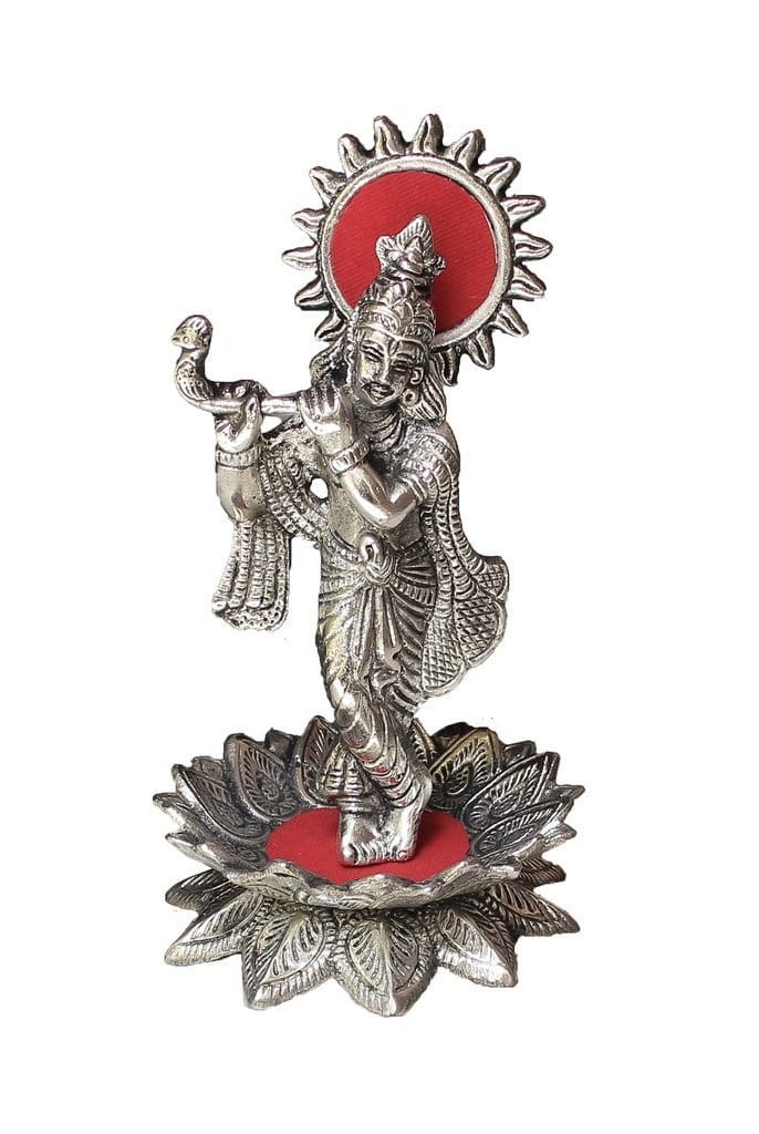 DreamKraft White Metal Lord Krishna with Flute on Flower for Home Decor and Gift