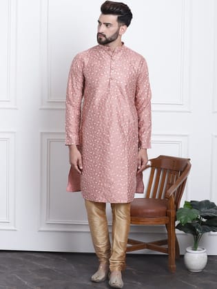 Men's Silk Blend Coral Embroidered Kurta & Gold Churidaar Pyjama Set-42