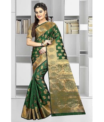 Gazal Fashions Banarasi Silk Printed Saree With Unstitched Blouse Piece ( Green )
