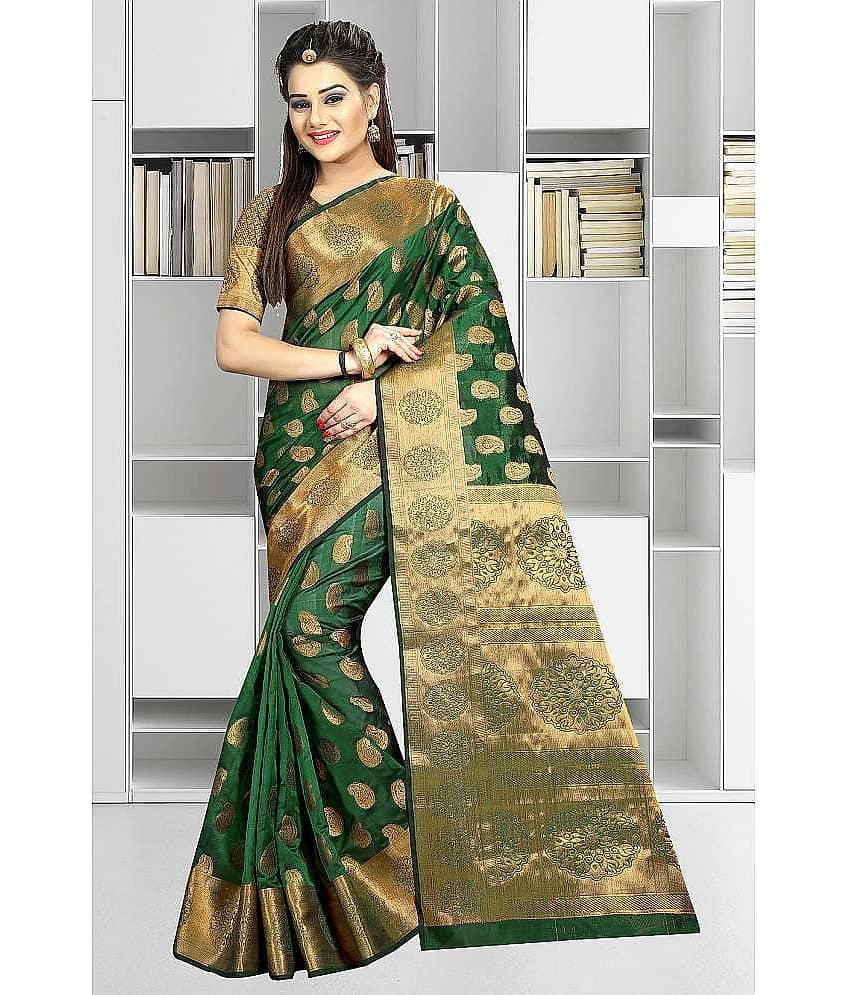 Gazal Fashions Banarasi Silk Printed Saree With Unstitched Blouse Piece ( Green )
