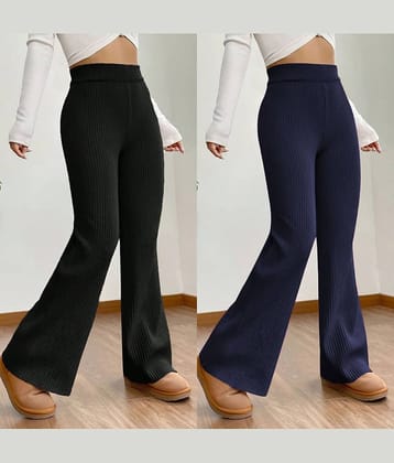 Qyaas Women Knitted Korean Trousers ( Black,Light Blue )