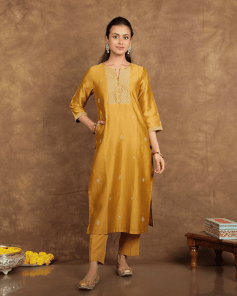 Guzaarish Chanderi Silk Kurta and Pant Set with embroidered yoke and sleeves in old gold-S