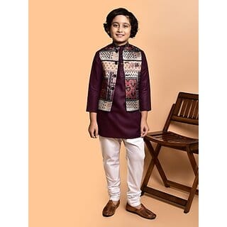 PrintCultr Boys Festive & Party Kurta, Waistcoat and Pyjama Set (Brown)