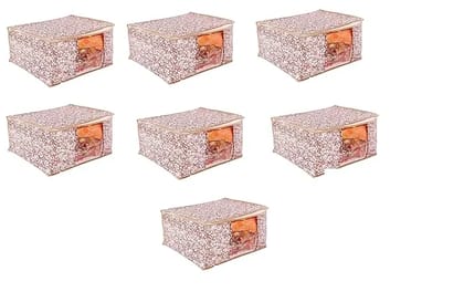 Bindian Multipurpose Saree Cover for Wardrobe Storage | Premium Non-Woven Fabric Cloth Organizer Box with Transparent Window & Zipper | Ideal for Storing Sarees & More (Beige, Pack of 7)
