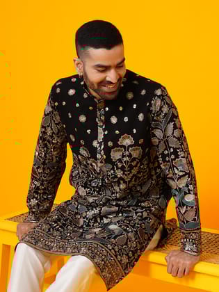 Men's Georgette Flora and Fauna Embroidered Blue Kurta with Cream Trouser-36