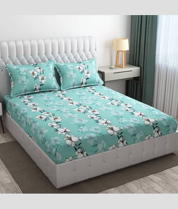 SHOMES Cotton Floral Fitted 1 Bedsheet with 2 Pillow Covers ( Double Bed ) - Green