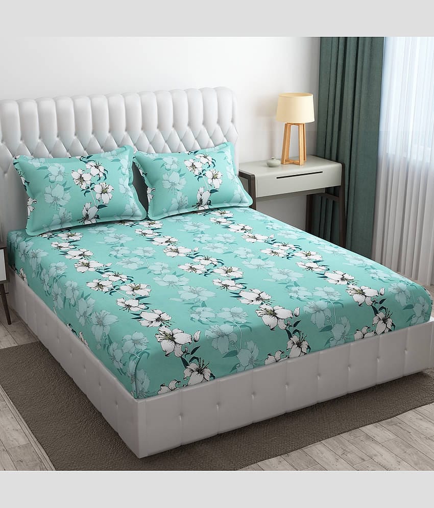 SHOMES Cotton Floral Fitted 1 Bedsheet with 2 Pillow Covers ( Double Bed ) - Green