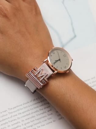 Round Analog Watch With M Initial Watch Charm - Grey-Watches