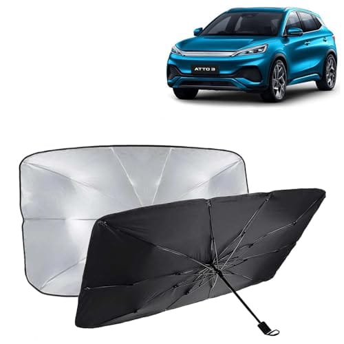KINGSWAY Car Sun Shade UV Protection Windshield Cover Compatible with BYD ATTO 3, (Year 2022 Onwards), Foldable Size Universal Fit Umbrella Curtain for Front Window, Rear Window, Black, 1 Piece