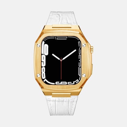 45MM Gold Luxury Edition iWatch Case: Leather Strap-White Leather