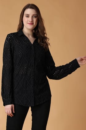 Solid Cutwork Shirt-Full Sleeves-L / Black