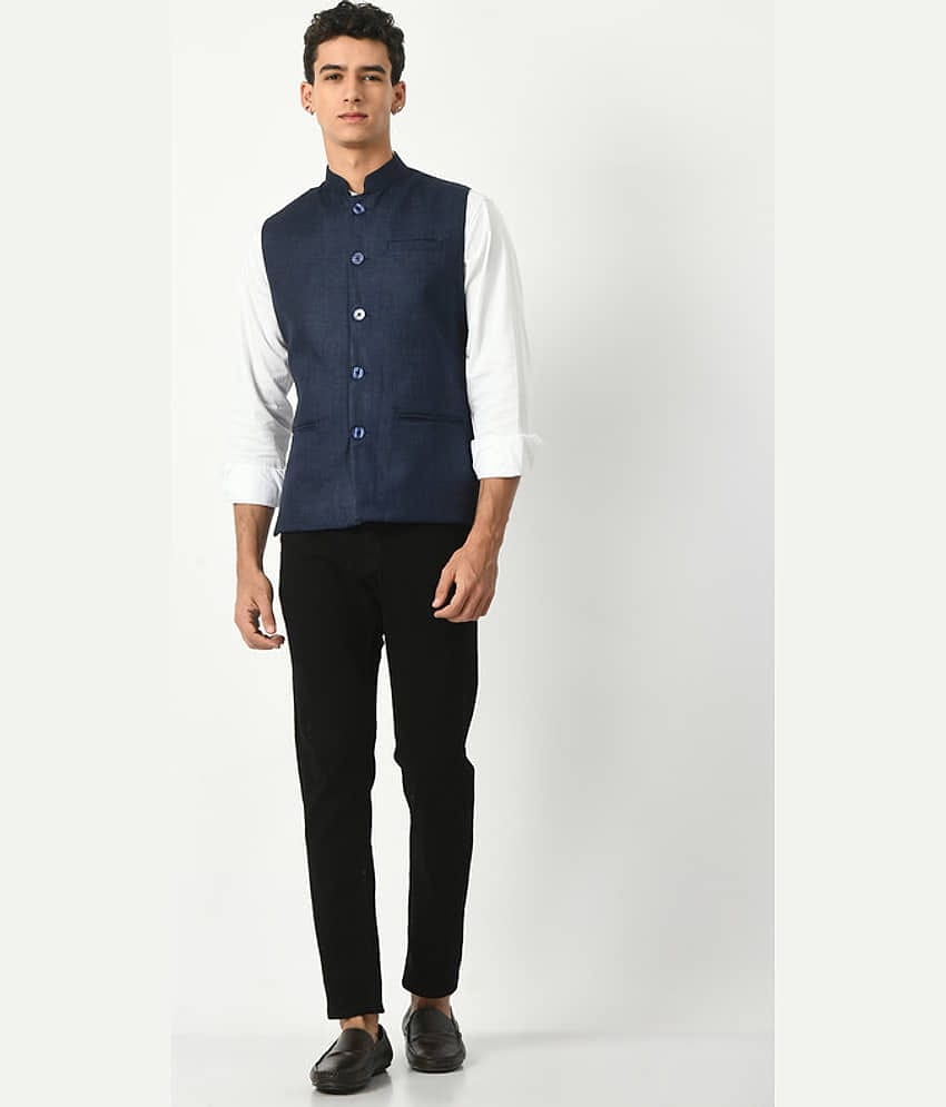 IndiWeaves Navy Cotton Blend Men's Nehru Jacket ( Pack of 1 )