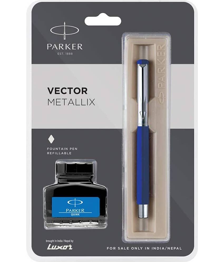 Parker Vector Mettalix Fountain Blue Pen With Free Quink Blue Ink Ball Pen (Pack Of 2, Blue)