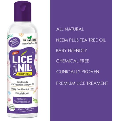 LiceNil Premium Lice & Nits Treatment Shampoo with Neem & Tea Tree Oil Kit includes comb Pack of 1, 118 ml