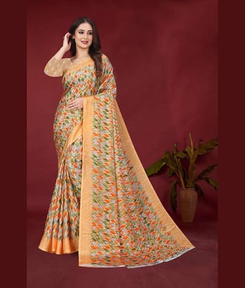 JIHANA FAB Chiffon Printed Saree With Unstitched Blouse Piece ( Yellow )