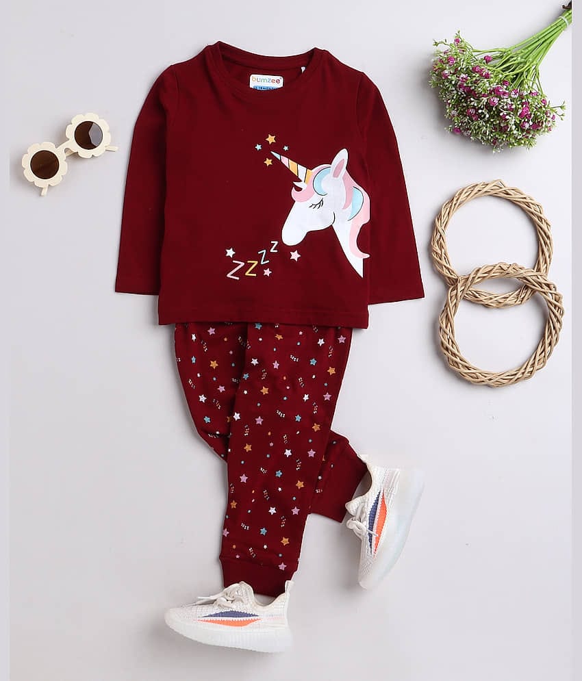 BUMZEE Pack of 1 Girls Cotton Top With Pajama ( Maroon )