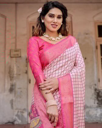 Pink and Ivory Tussar Silk Saree with Golden Zari Border and Majestic Elephant Motif Pallu-Regular
