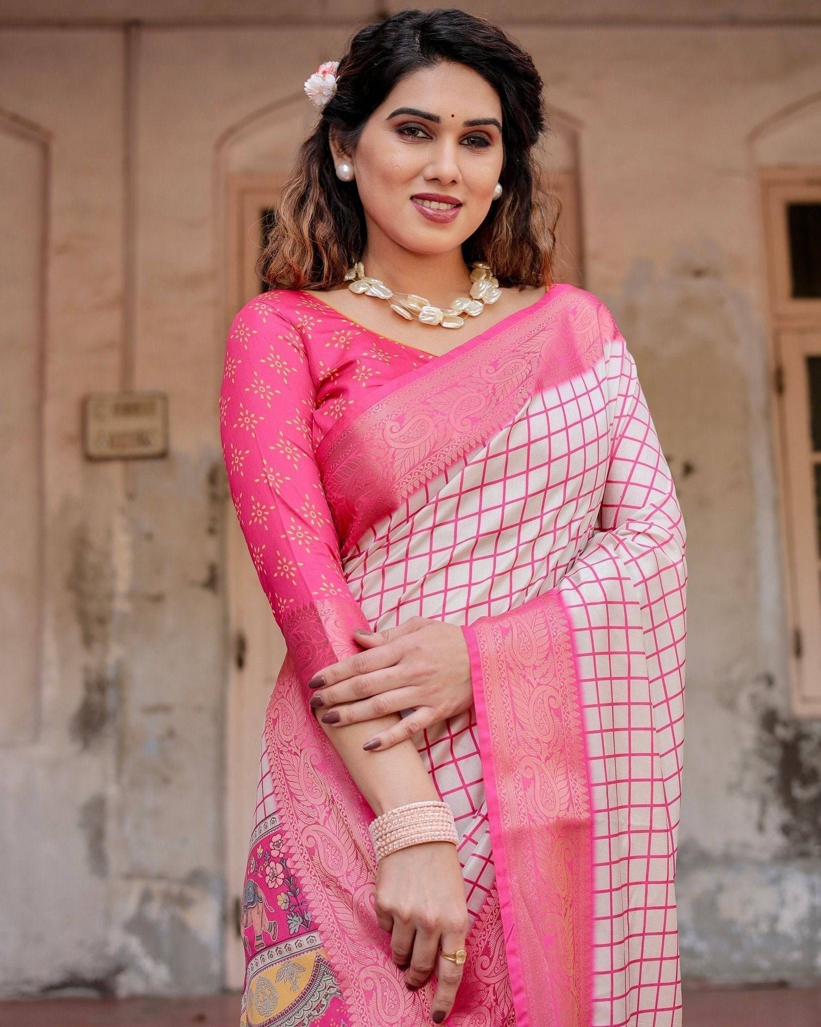 Pink and Ivory Tussar Silk Saree with Golden Zari Border and Majestic Elephant Motif Pallu-Regular