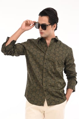 Olive Mirage Printed Cotton Casual Shirt-S