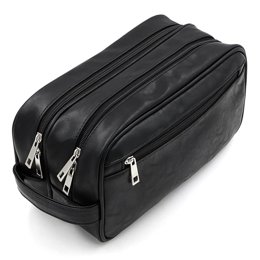 Aimani Toiletry Bag for Men & Women, PU Leather Waterproof Travel Organizer, Portable Shaving Grooming Dopp Kit with Handle, Cosmetic & Makeup Storage Bag for Business Trips, Vacation & Daily Use