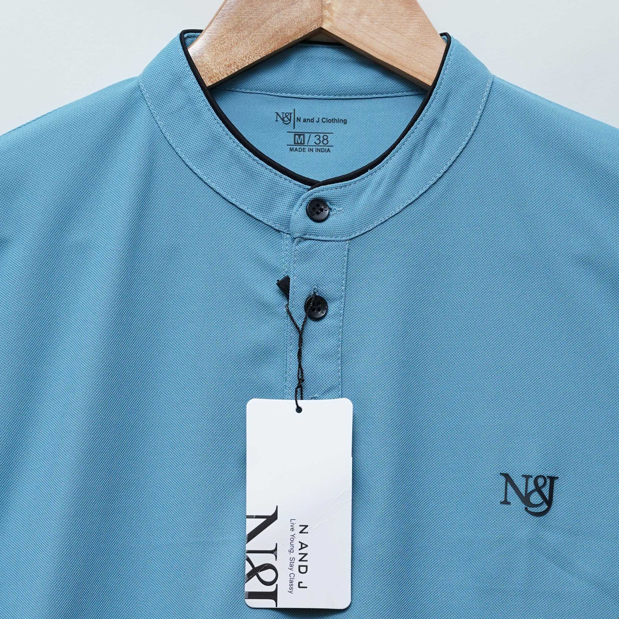 Teal | Solid Henley Neck | Polo T-Shirt-M