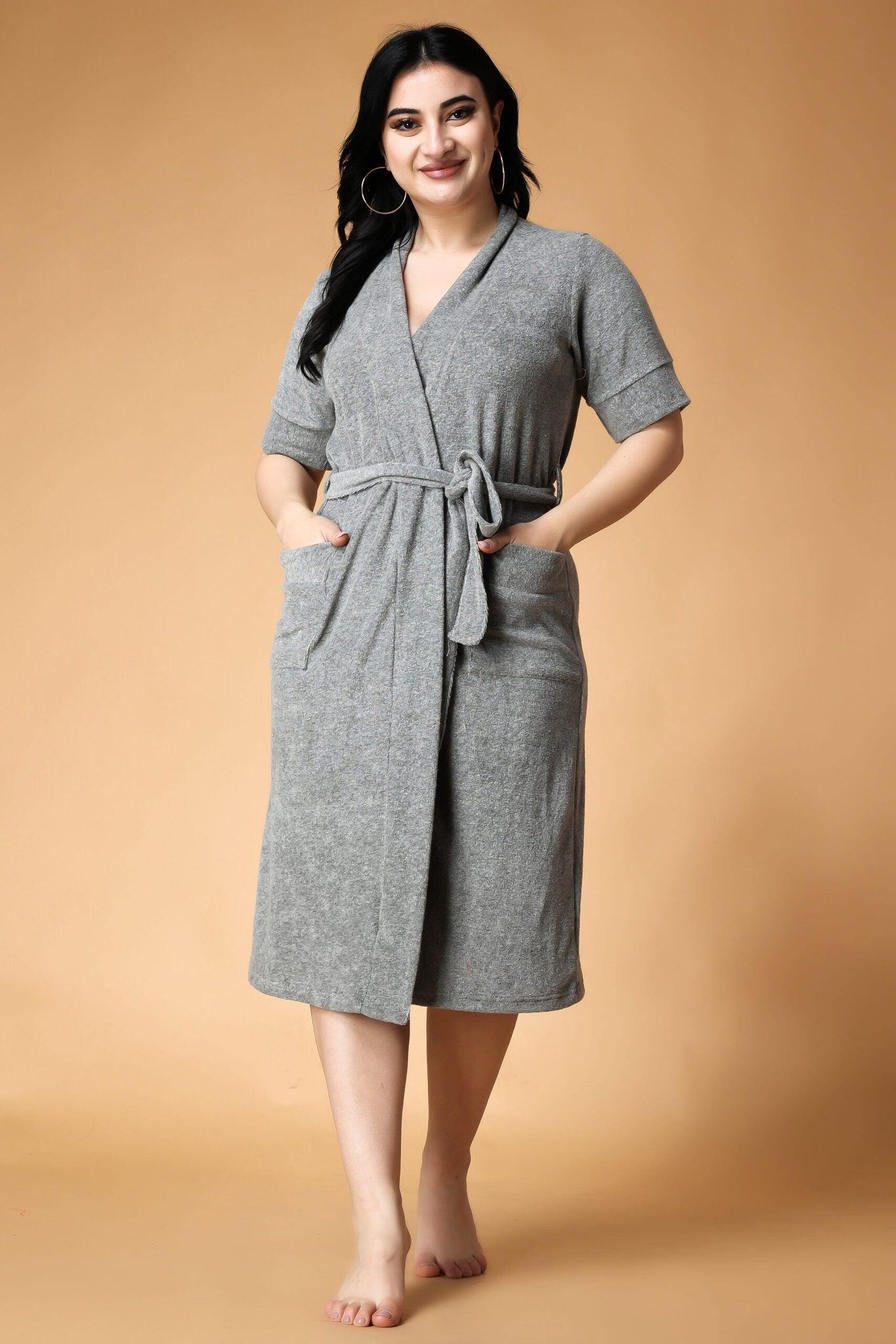 Solid Bathrobe with Belt-L / Grey
