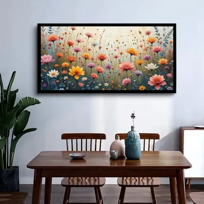 Luminary Wild Meadow Rhapsody – Fine Art Canvas Painting for Vibrant Wall Décor | Frame Size (127 X 69 Cm) | Frame Type (Black) | 5-Year Warranty