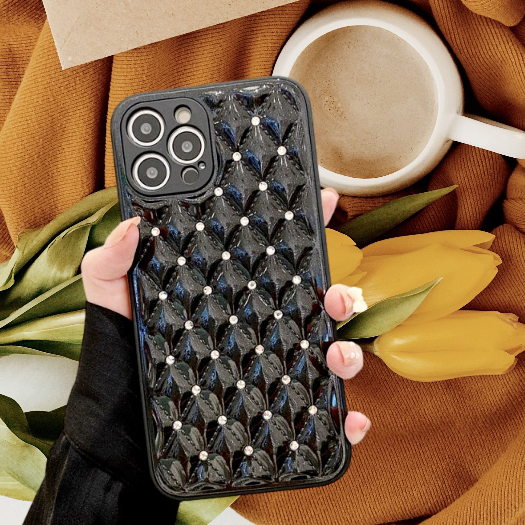Diamond Rhinestones Grid Glossy Black Luxury Case-iPhone 13 Pro
