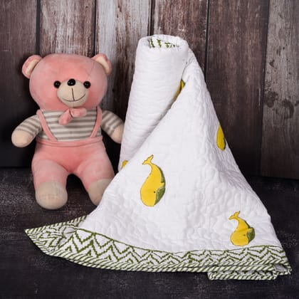 Hand Block Printed Cotton Baby Quilted blanket (light Rajai) – Quilted, 60x40 inches (100x150 cm) Green Yellow Dolphin