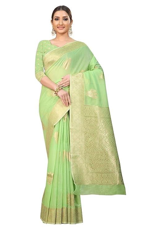 Enthone Women's Cotton Gold Zari Woven Thread Saree With Unstitched Blouse Piece