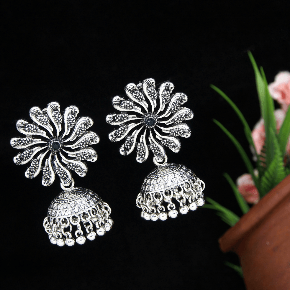 Antique Gold/Silver Plated Floral Peacock Design Hanging Beads Jhumki Earring- AER 3206