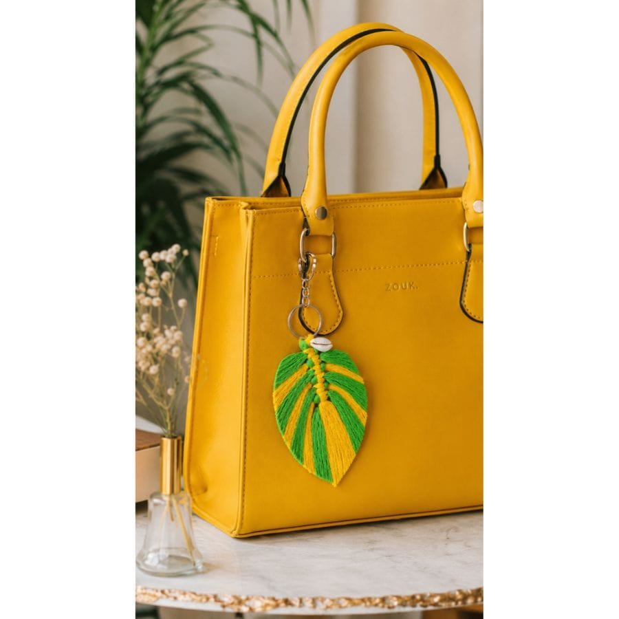 HANDMADE MACRAMÉ LEAF BAG CHARM – GREEN & YELLOW