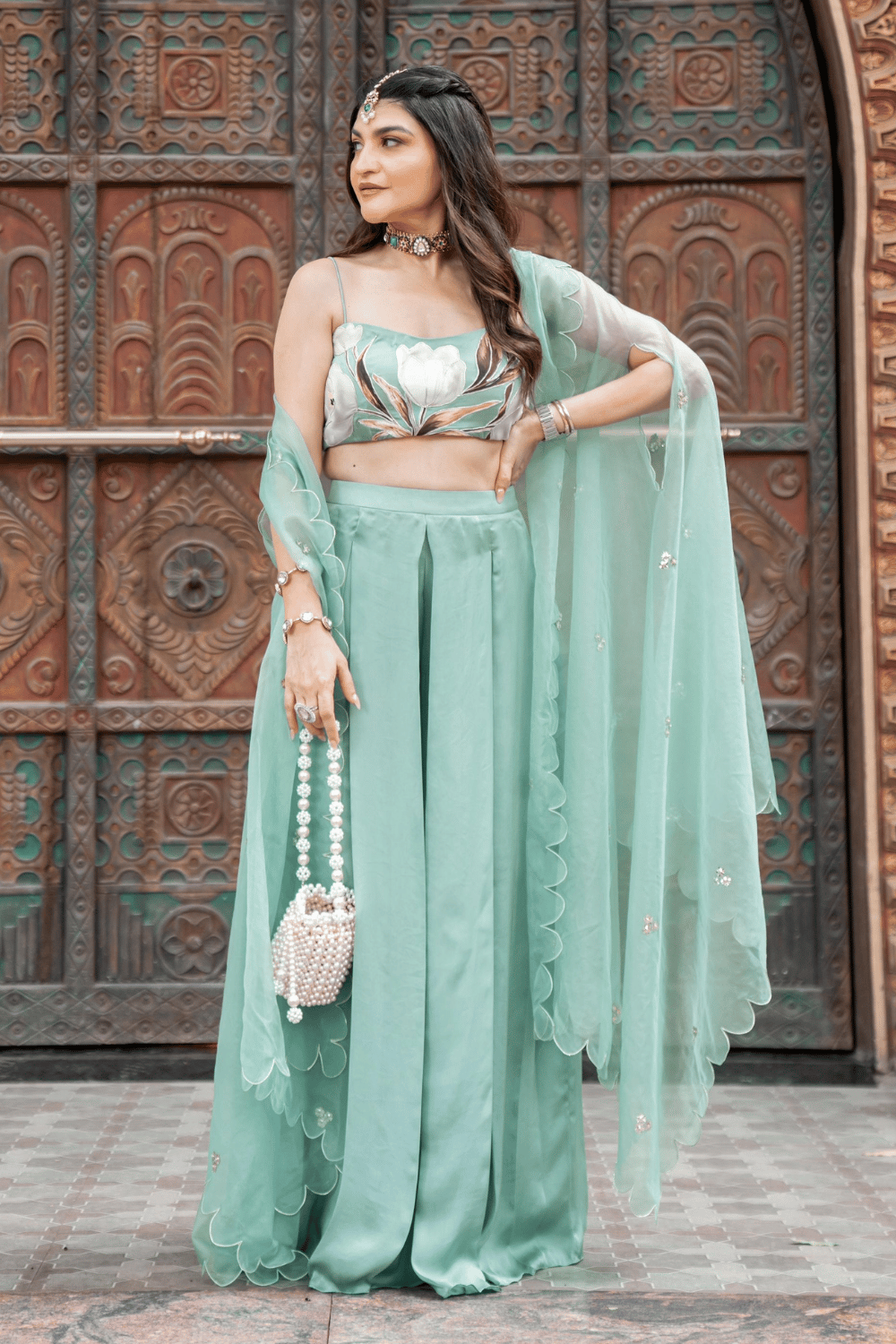 Khushnaz Turner in APPLIQUE FLORAL TOP AND PLEATED PLAZZO-XS