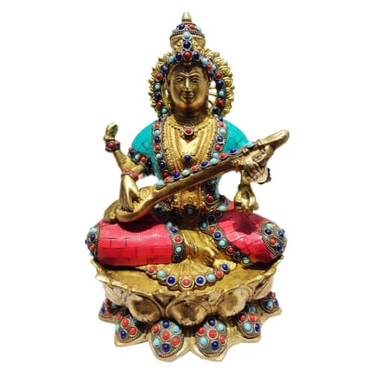 Brass Saraswati Devi Idol - Premium Decorative Statue, Height : 10.5 Inch (BSMAS054)