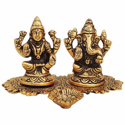 Aluminium Laxmi Ganesh Deepak Idol | Hindu Religious Diwali Decor Statue, Height : 4 Inch (ASMAS387 G)