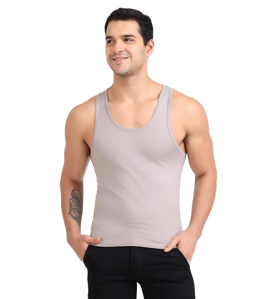 Freecultr Cotton Vest for Men Sleeveless Lightweight Solid Round Neck Comfort Vests Breathable & Comfortable Innerwear Sando for Man Regular Fit Pack of 1-Light Grey - Vests | Buy online on ZillyBuy