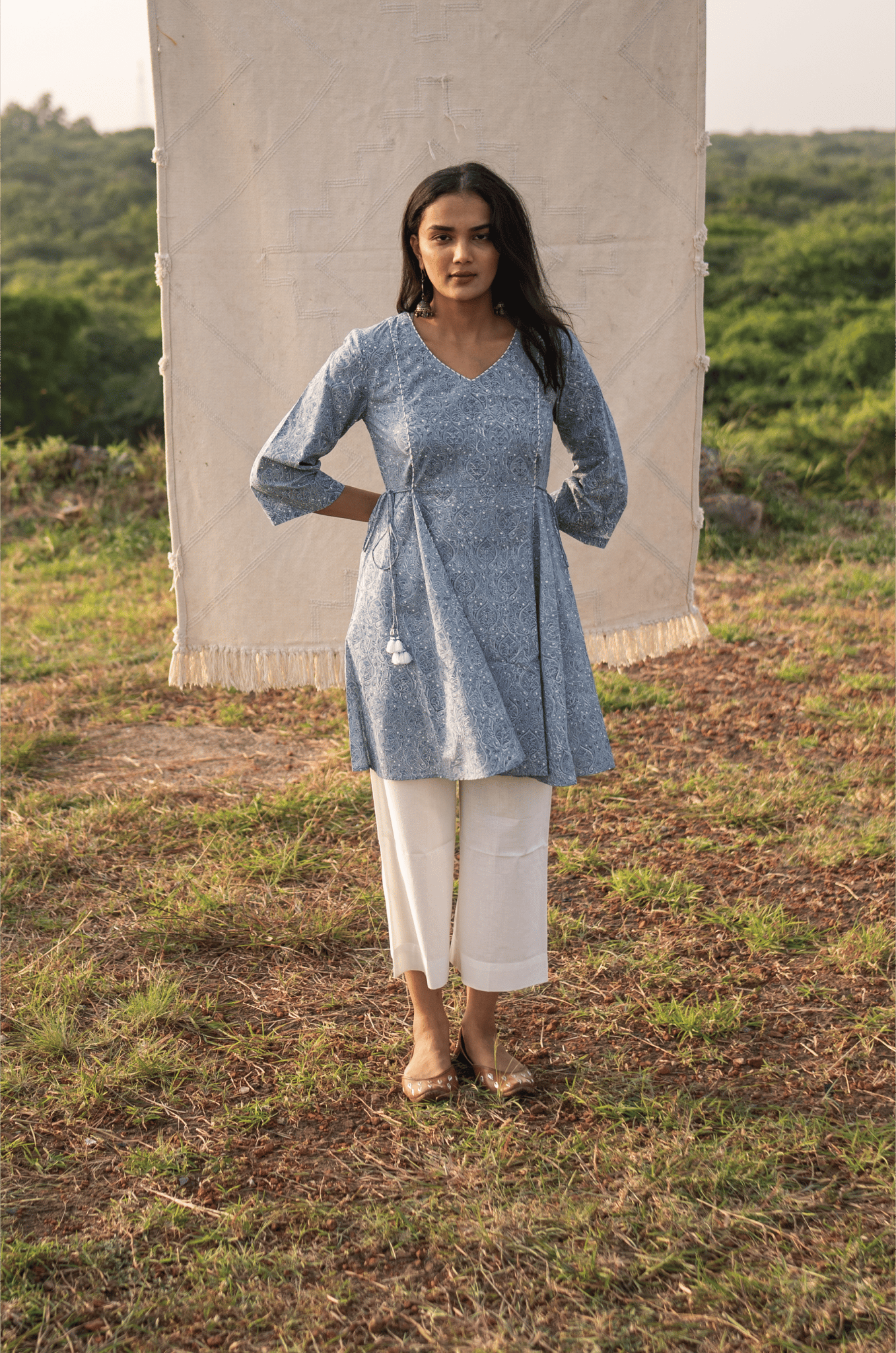 Hand Block Printed A Line Side Dori Tunic - Endless Sky-XS