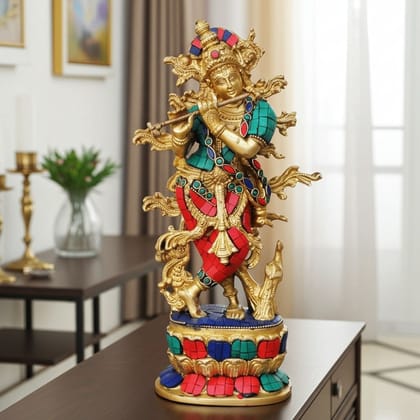 Brass Krishna Stone Idol (BSMAS432)