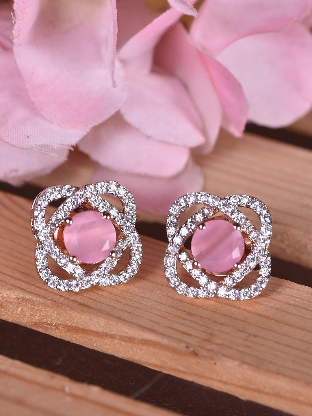 Pink Floral Rose GoldPlated Studs Earrings