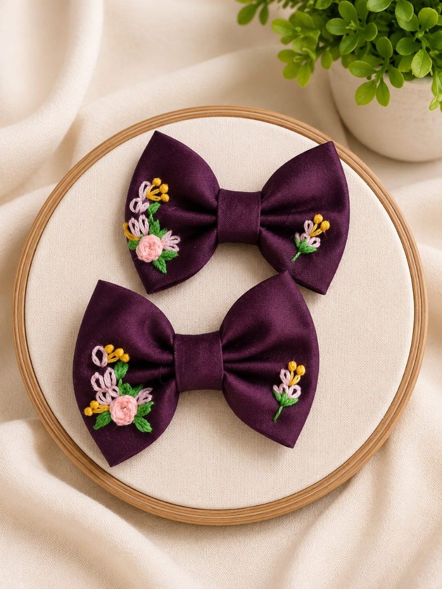 Hand-Embroidered Cotton Silk Hairbows (Deep Purple, Set of 2) | Floral Motif | Elegant Hair Accessory