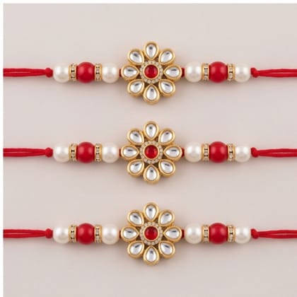 Kundan Floral Rakhi with Pearls and Red Beads (1 piece)