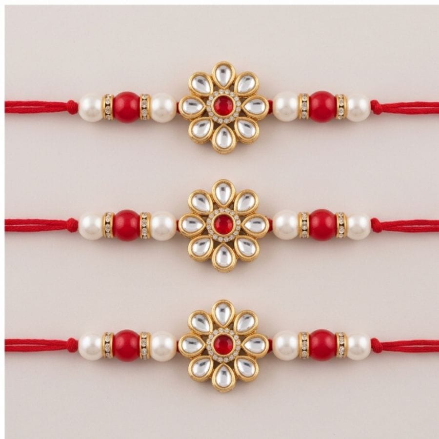Kundan Floral Rakhi with Pearls and Red Beads (1 piece)
